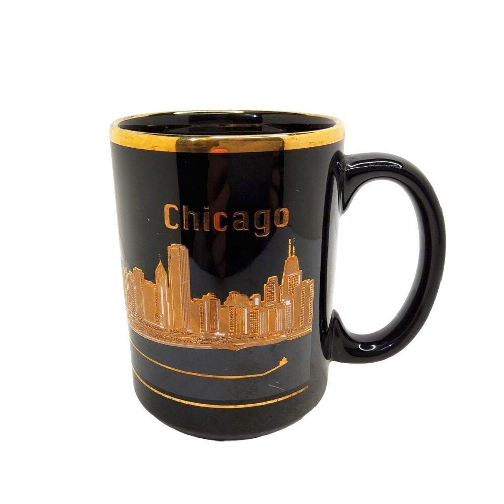 vintage gold and black stoneware chicago city scape coffee mug.